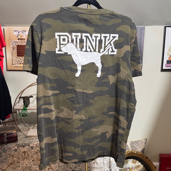 Great Condition PINK Victoria's Secret Green Camouflage Tee w/PINK Graphics - Picture 2 of 6